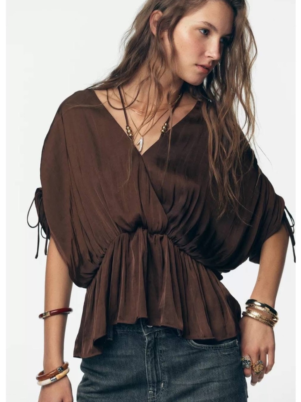 Zara Brown V-Neck Pleated Peplum Blouse
